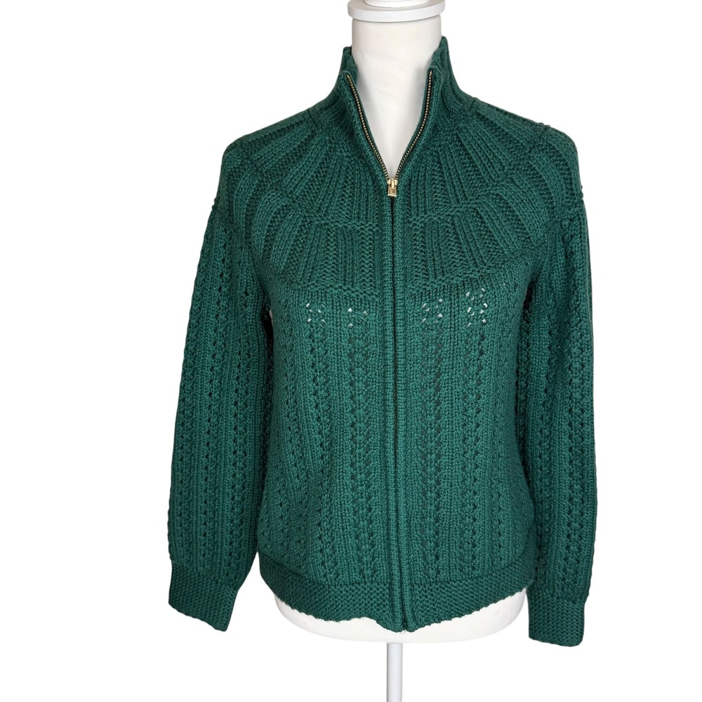 Talbots Green Full Zip Cardigan Sweater Pointelle Cable Knit Mock Neck XS